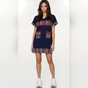 Handmade Women's Latin American Embroidered Navy Blue Multicolor Dress EUC